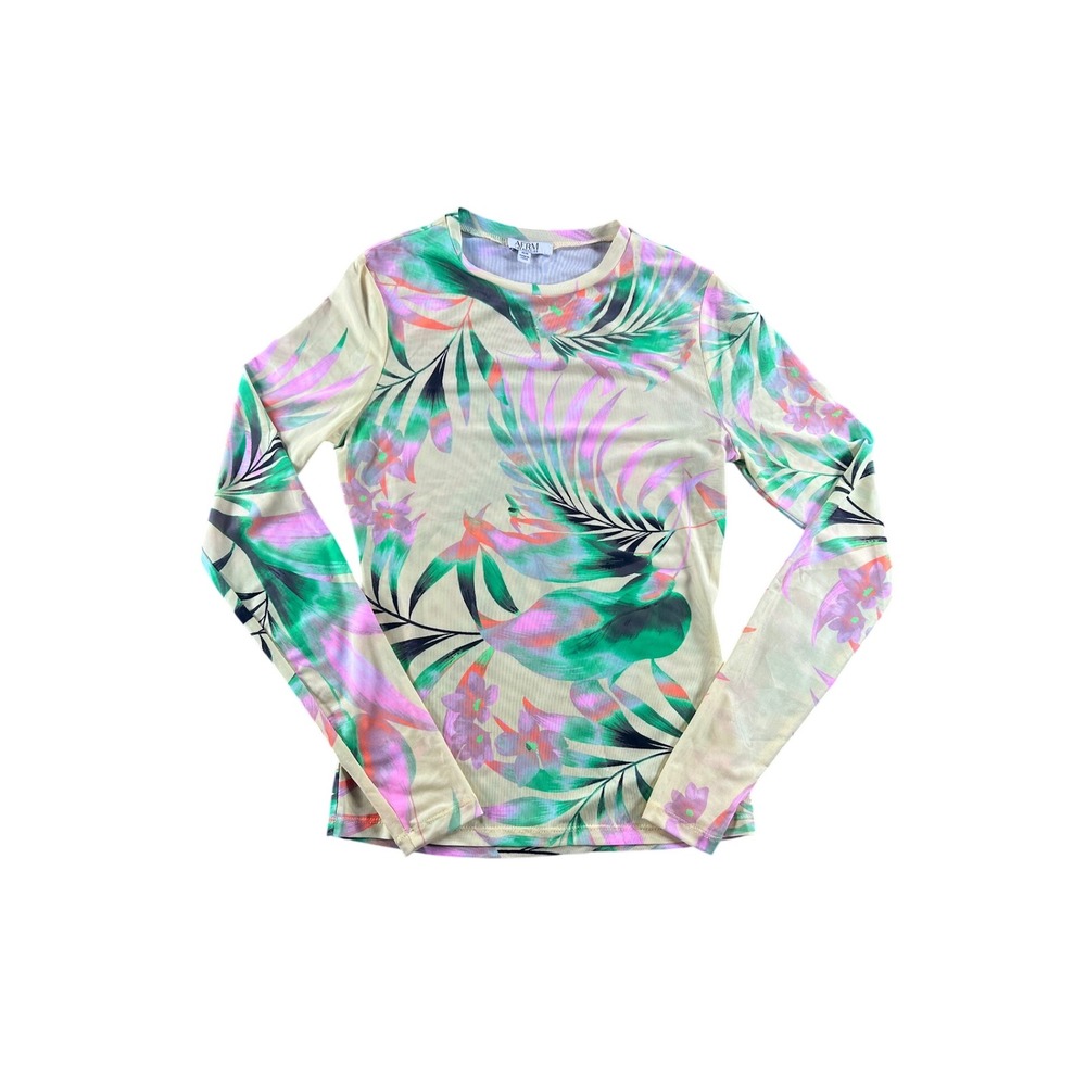 AFRM Los Angeles Mesh Long Sleeve Tropical Floral Print Top Green Pink Yellow M